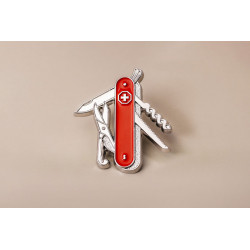 Pin’s couteau suisse en métal argenté et rouge – Impact Émotion