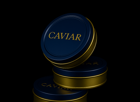 Boîte de caviar avec texte en embossage positif et doré