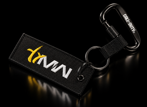 Porte-clé tissé et mousqueton gravé de finition noire